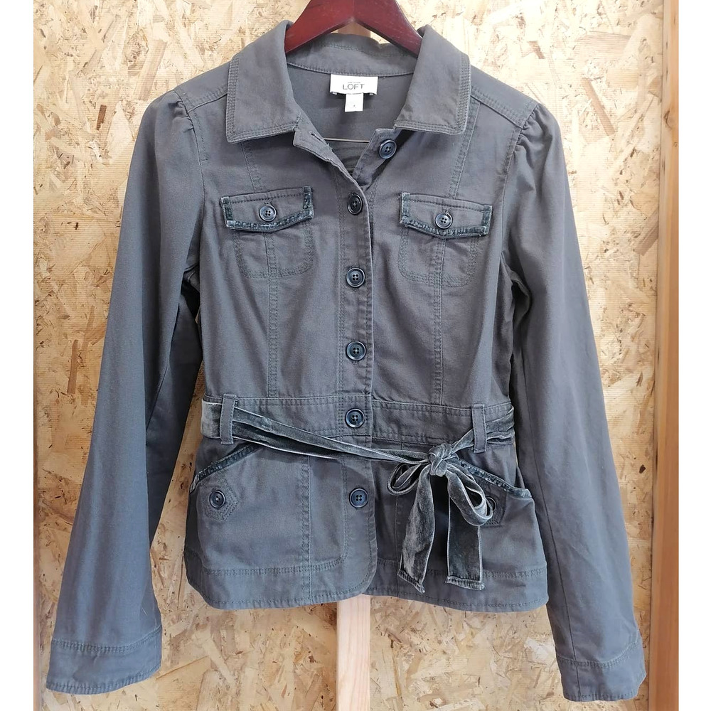 Ann Taylor LOFT Olive Green Belted Zip Up Military Jacket Size 4